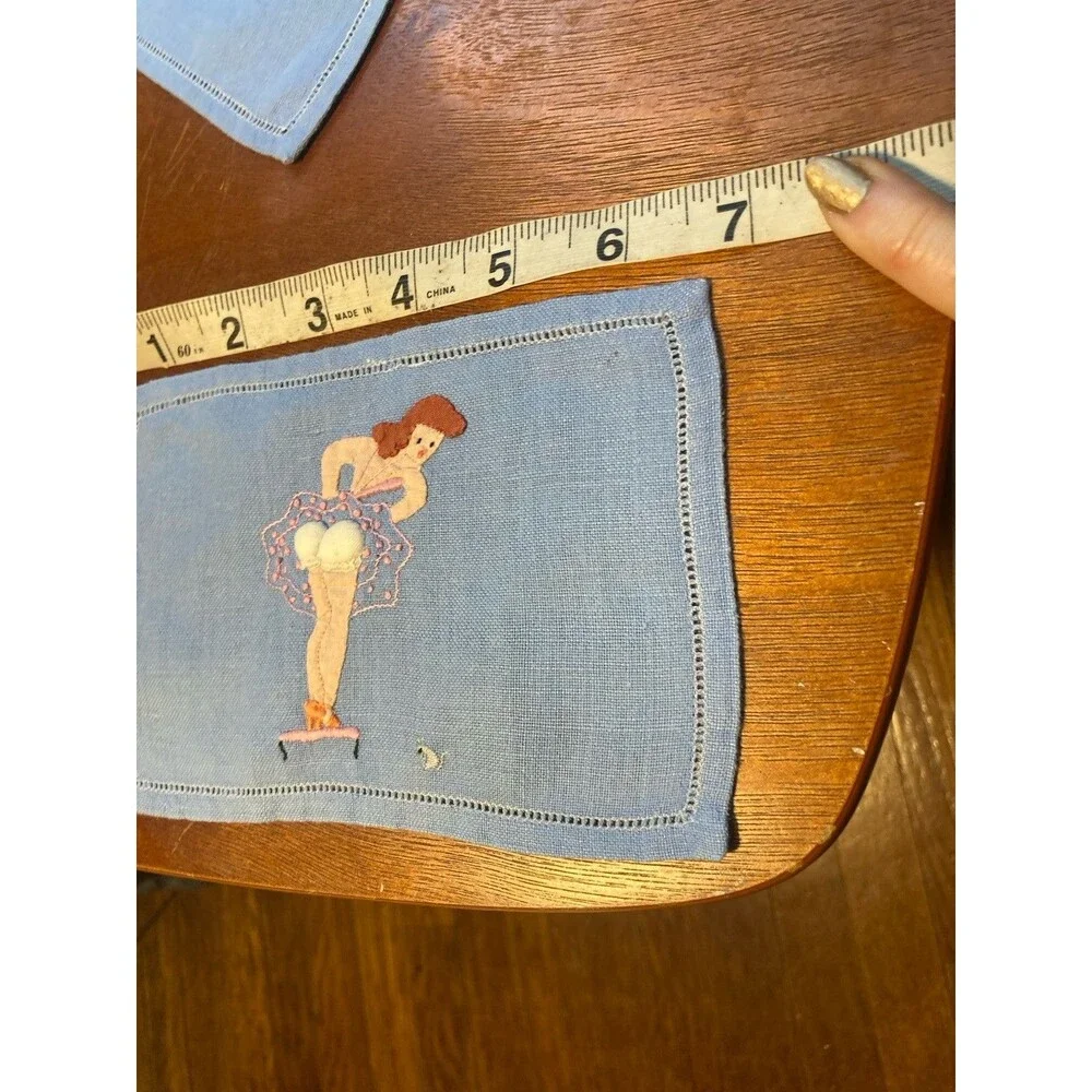 Vintage Cocktail Napkins Risque  Pin Up Girls Madeira Embroidered Linen LOT 5